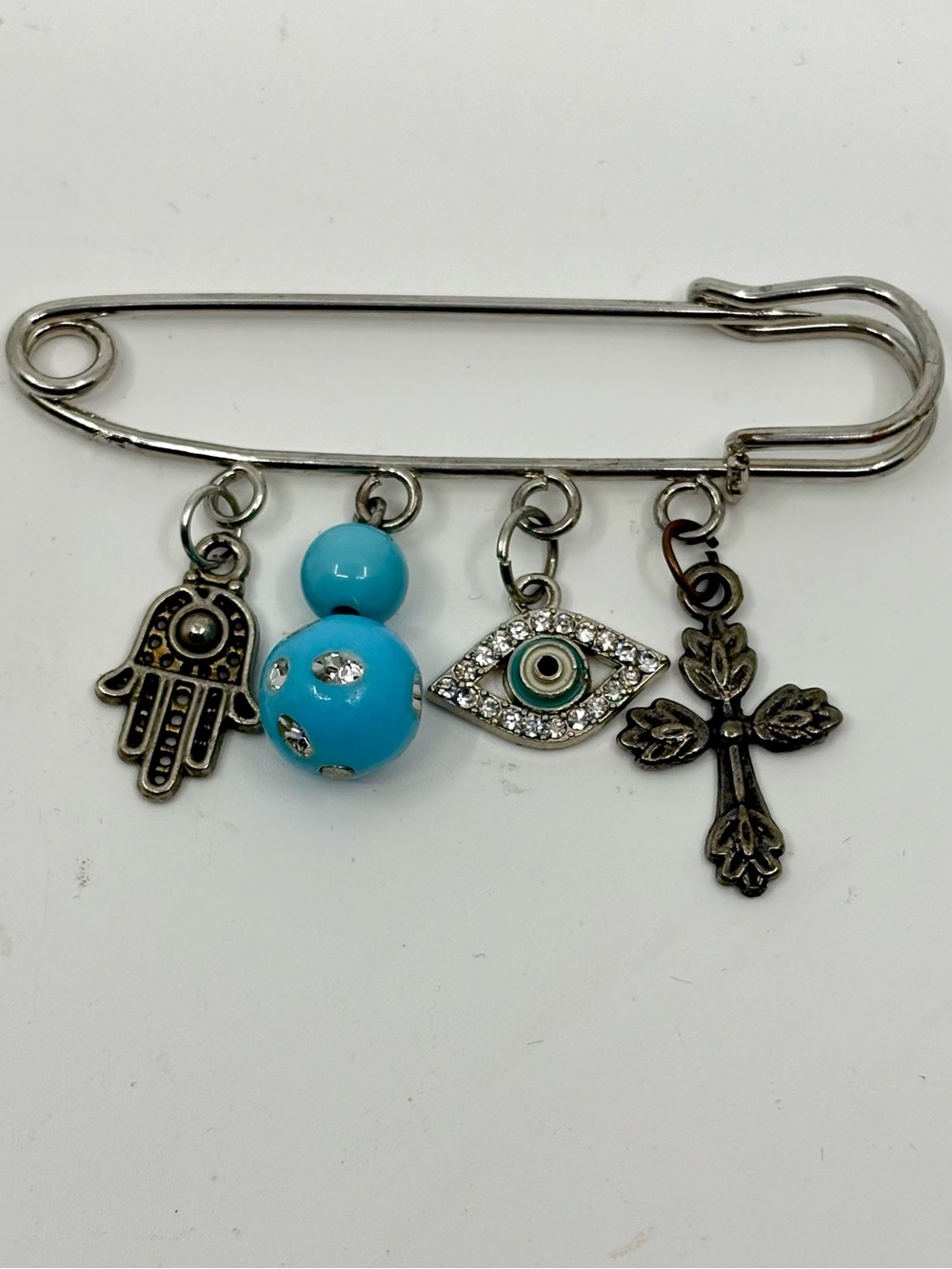 Silver-Tone Charm Safety Pin Brooch with Turquoise Beads and Charms